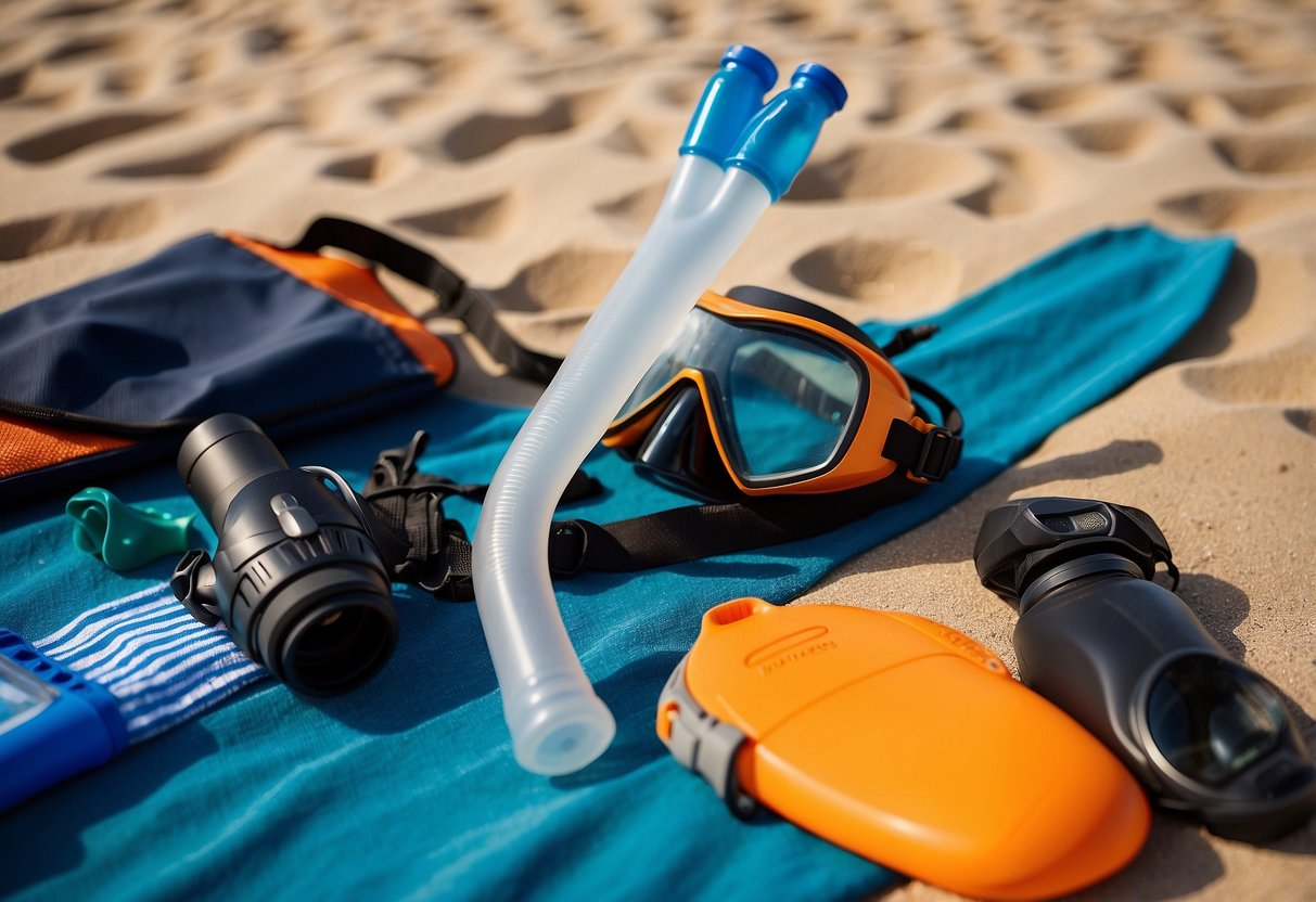 A snorkel, mask, and fins are laid out neatly on a beach towel. Sunscreen, a water bottle, and a dry bag are packed nearby