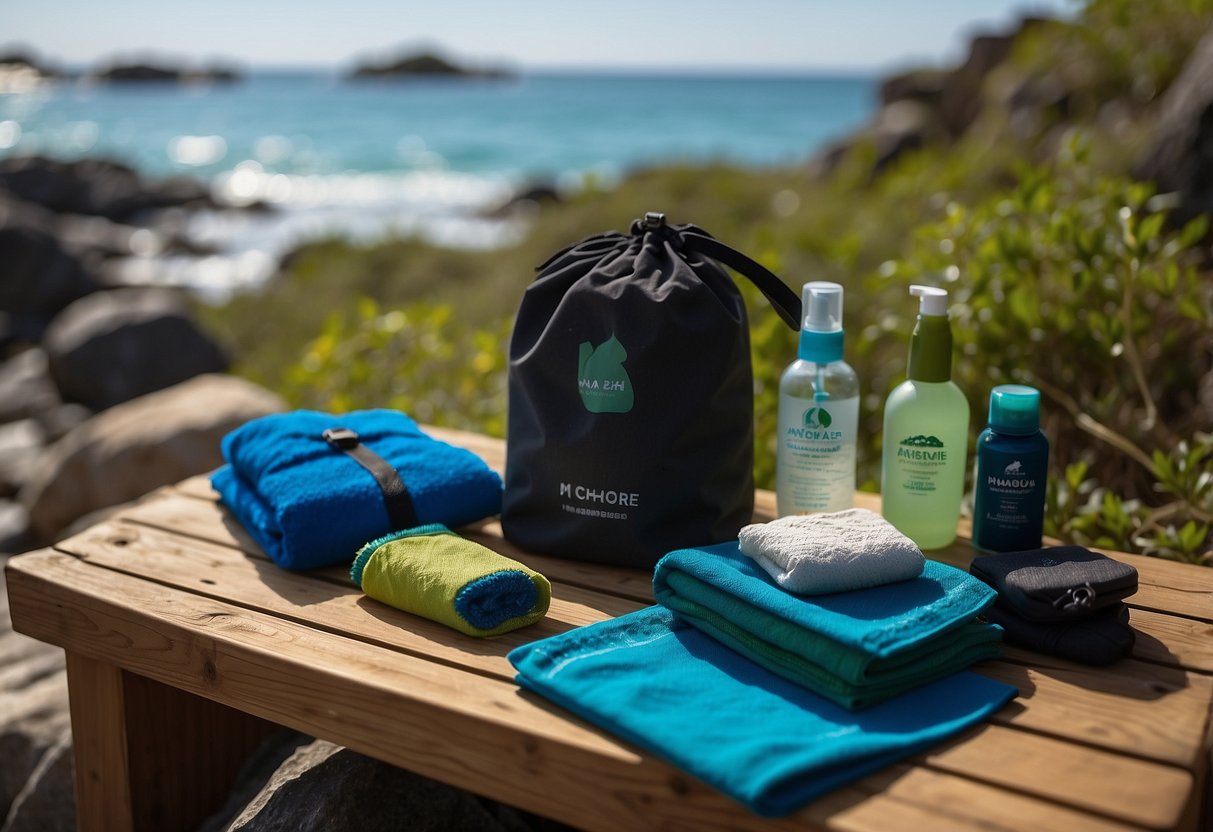 A snorkeler packs travel-sized toiletries, a microfiber towel, and a dry bag. They rinse off before and after snorkeling, use biodegradable soap, and dispose of waste properly