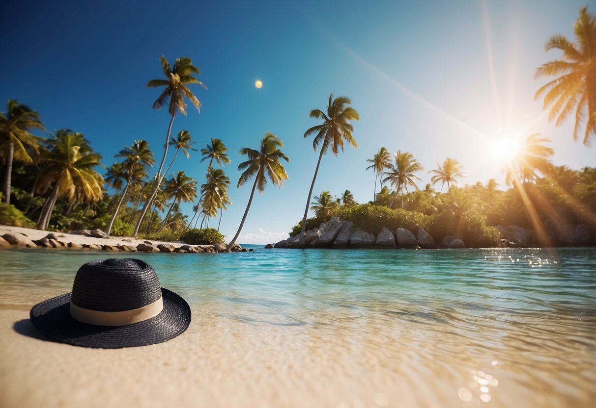 A sunny beach with clear blue water, a snorkeler wearing a lightweight hat, palm trees in the background, and the sun shining brightly in the sky