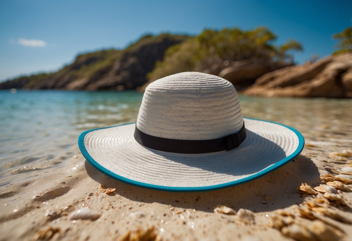 A sunny beach with crystal clear water, a snorkeler wearing a lightweight Sunday Afternoons Ultra Adventure Hat, surrounded by colorful fish and coral