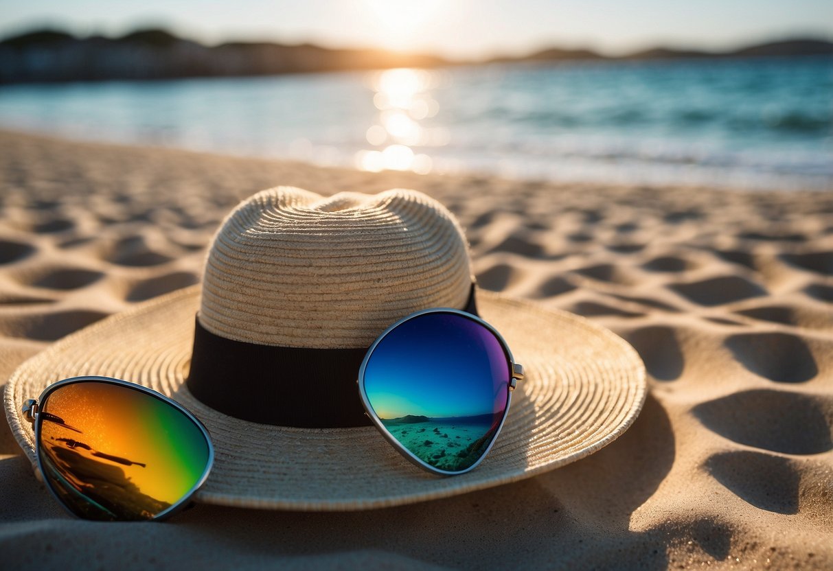 A colorful UPF 50+ adjustable hat sits on a sandy beach, with snorkeling gear nearby. Sun shines brightly in the sky