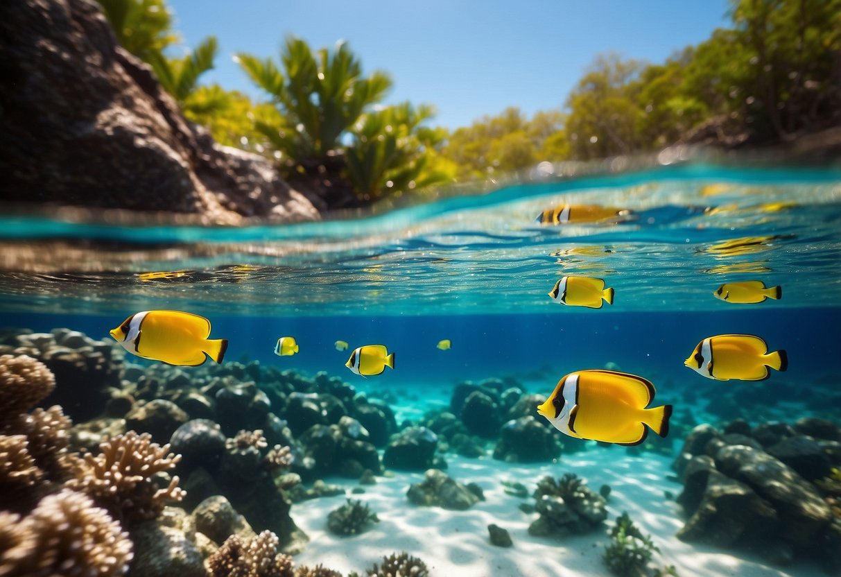 Crystal clear water, vibrant coral, and a sunny sky. Lightweight snorkeling hats provide sun protection for a comfortable and enjoyable underwater experience