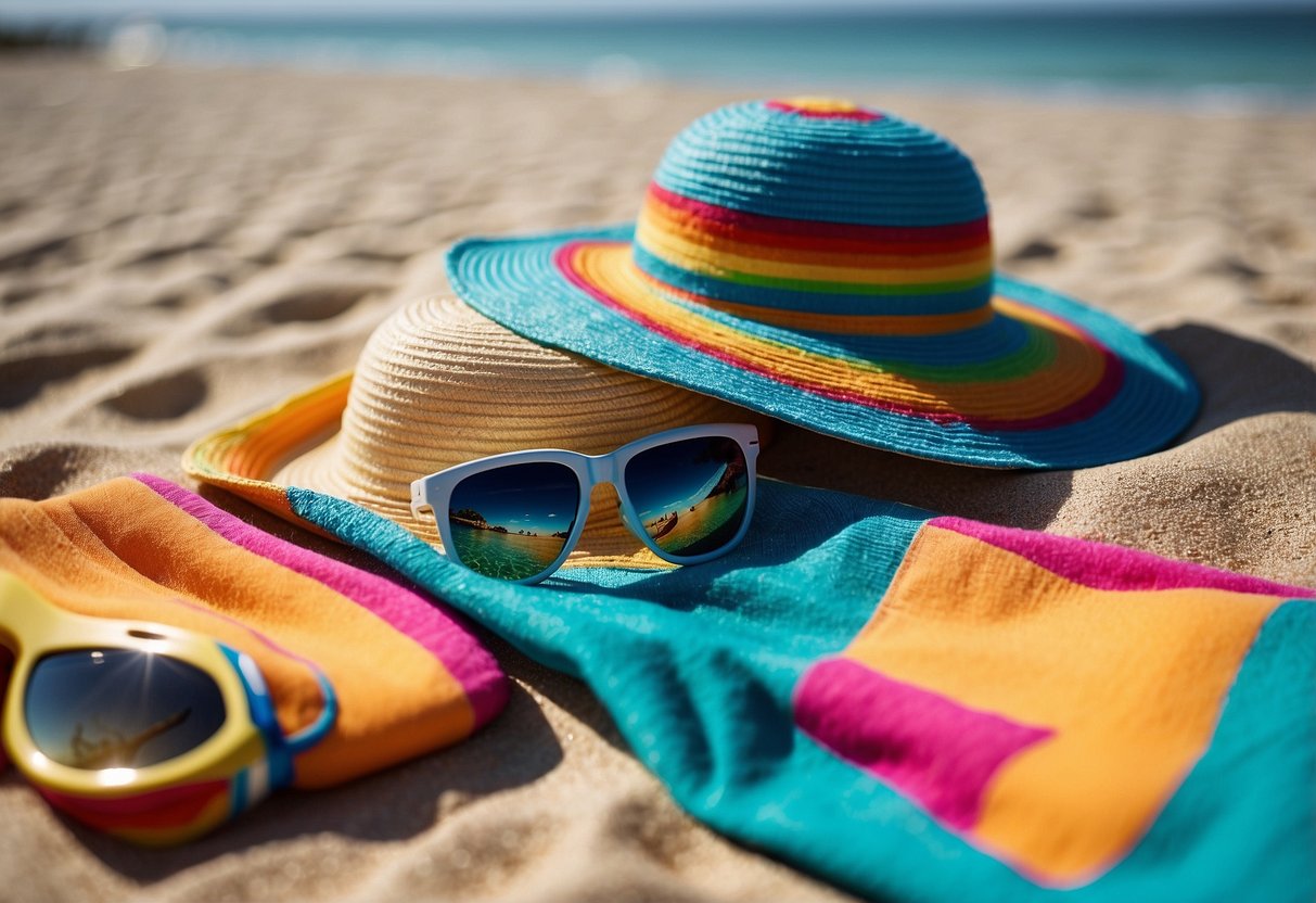 A beach scene with colorful lightweight snorkeling hats laid out on the sand, surrounded by sunscreen, sunglasses, and a beach towel for sun protection