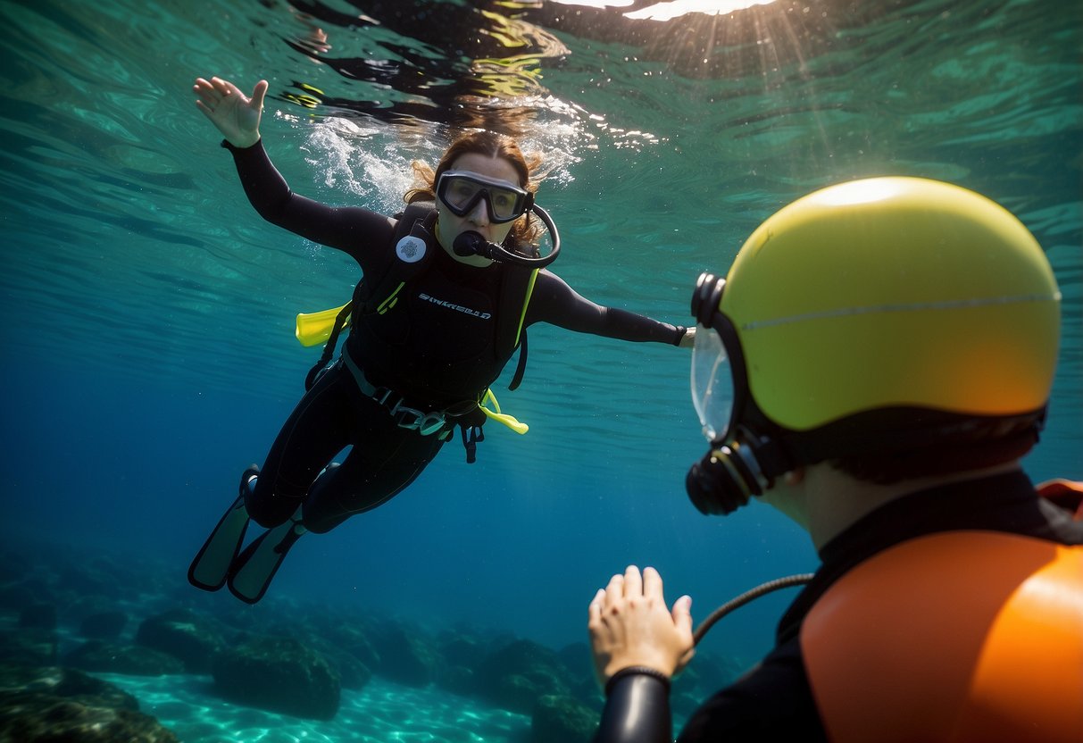 A snorkeler signals for help while floating on the water's surface, as another diver rushes to their aid with a safety buoy. The scene is tense but controlled, with clear communication and swift action