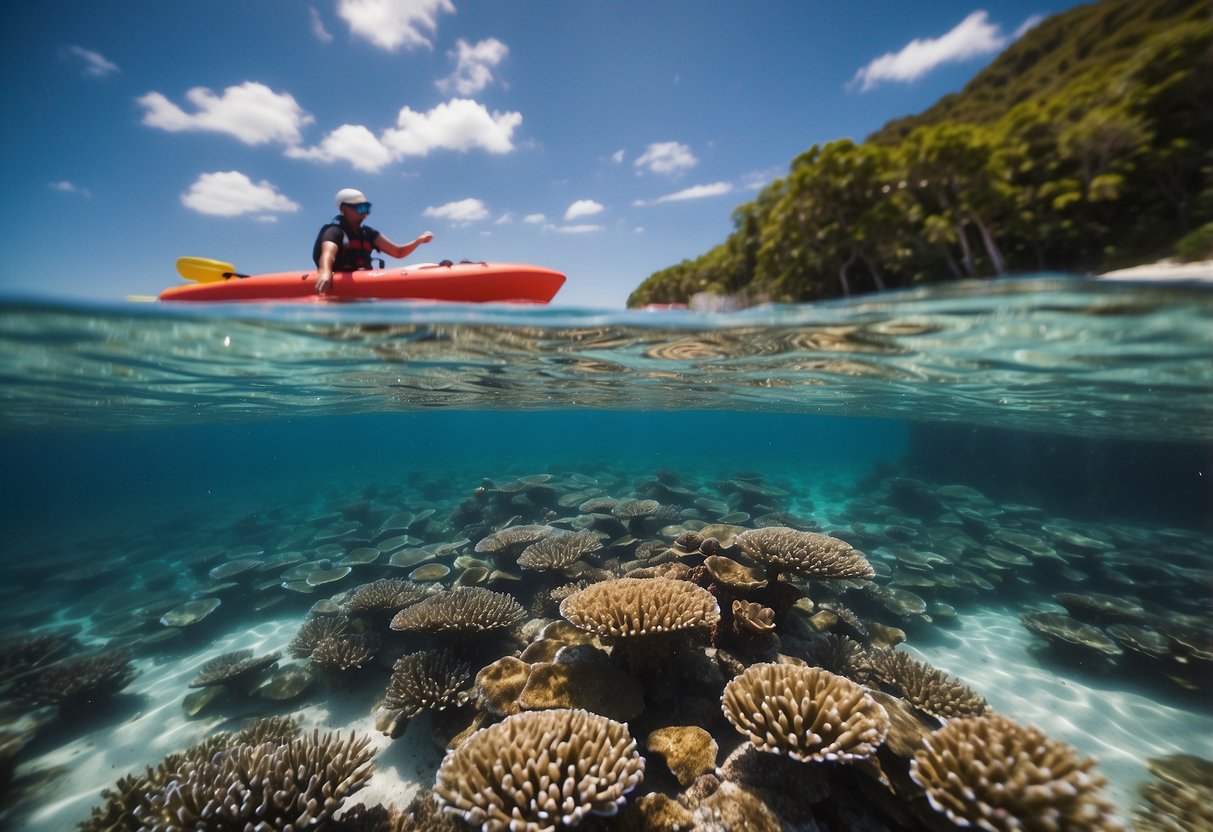 Crystal-clear water, colorful coral, and a snorkeler floating calmly. A nearby boat with a lifeguard ready to assist. Safety equipment visible on the boat