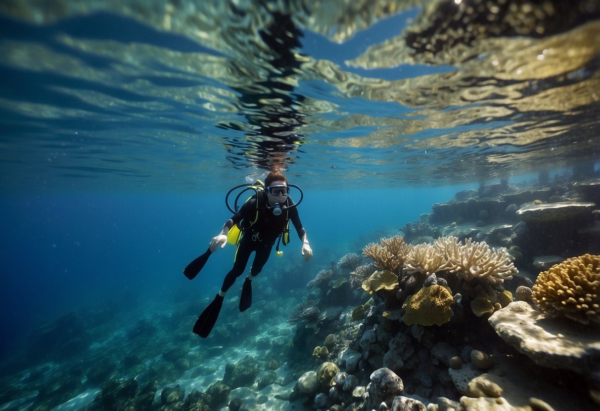 Crystal-clear water, vibrant coral reefs, snorkel gear floating on the surface, a diver signaling for help, a boat nearby, and a calm, sunny sky