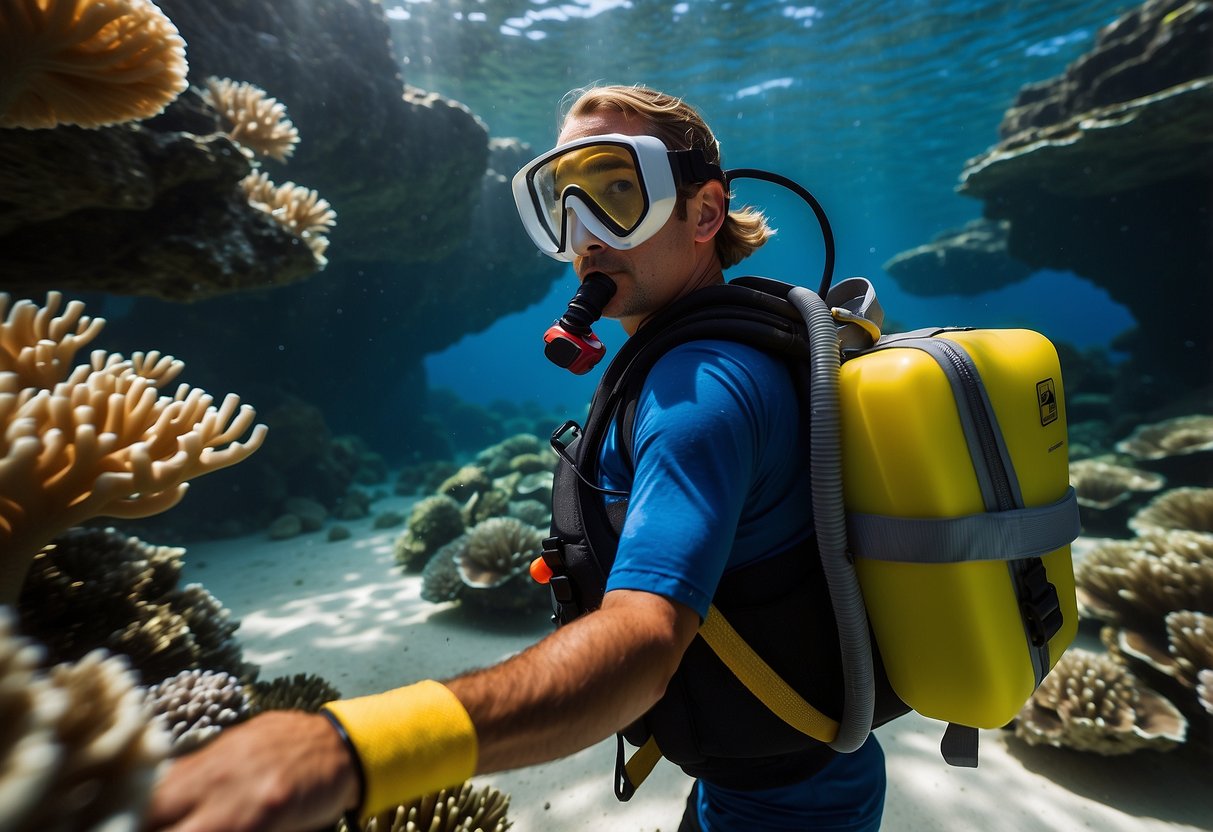 A snorkeler carries a first aid kit while exploring coral reefs, ready to handle emergencies such as cuts, stings, or minor injuries