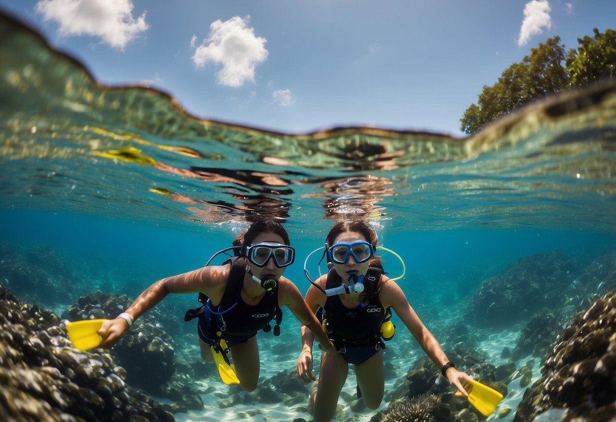 Two snorkelers swim together, one signaling "OK" while the other holds a safety buoy. The ocean is calm, with colorful fish and coral below