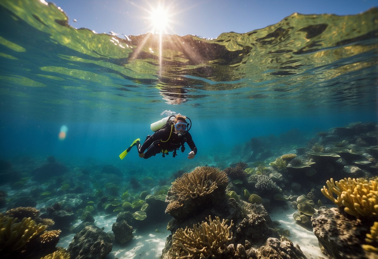 Crystal-clear water, colorful coral, snorkel gear, and a snorkeler in distress signaling for help. A calm rescuer approaches with a buoyancy aid, ready to assist