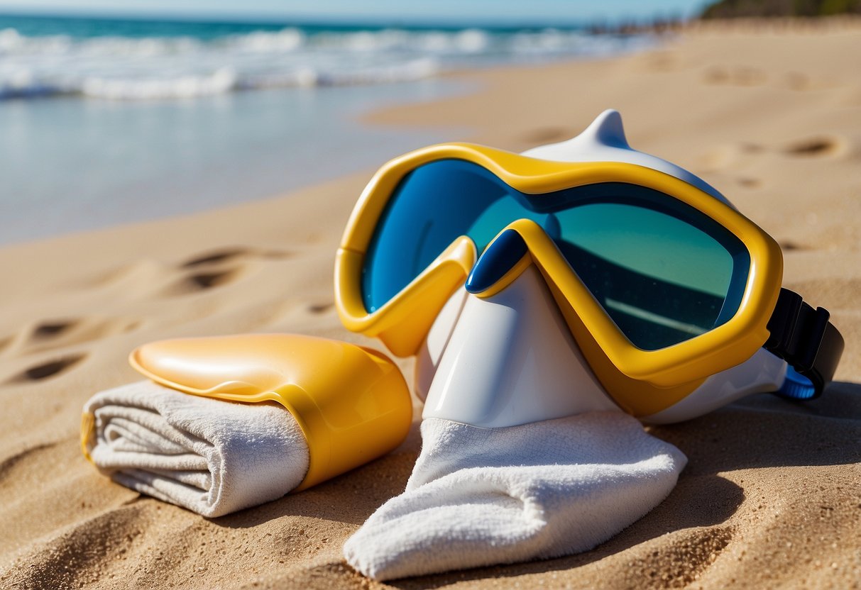 A snorkel, mask, and fins lie on a sandy beach next to a bottle of soothing muscle cream and a towel. The sun is shining, and the ocean glistens in the background