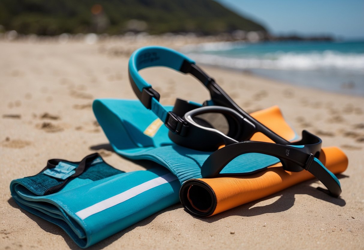 A snorkel, mask, and flippers arranged neatly next to a yoga mat with a person stretching, surrounded by a serene beach setting