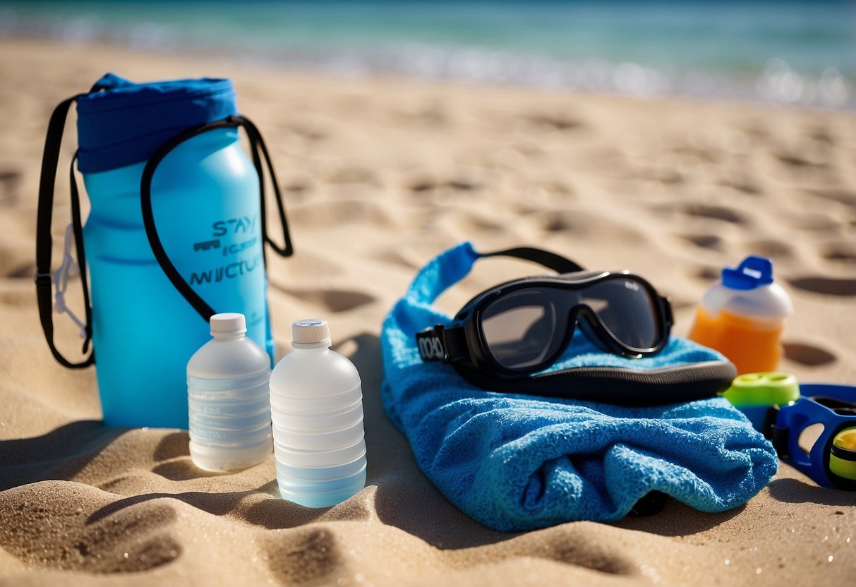 Crystal-clear water, snorkel gear, sunscreen, and a beach towel laid out on the sand. A cooler filled with refreshing drinks and a sign with "Stay Hydrated" and "7 Tips for Managing Sore Muscles on Snorkeling