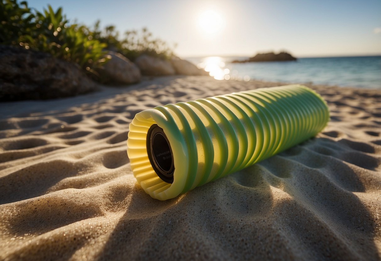 A foam roller sits on a sandy beach next to snorkeling gear. The sun shines down on the peaceful scene, with crystal clear water in the background