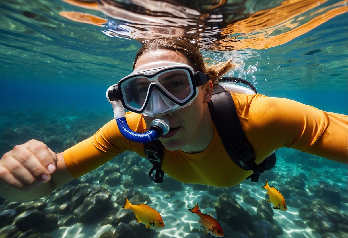 Crystal-clear water surrounds a snorkeler resting on the surface, with colorful fish swimming below. A snorkel and mask float nearby, as the sun shines down on the tranquil scene