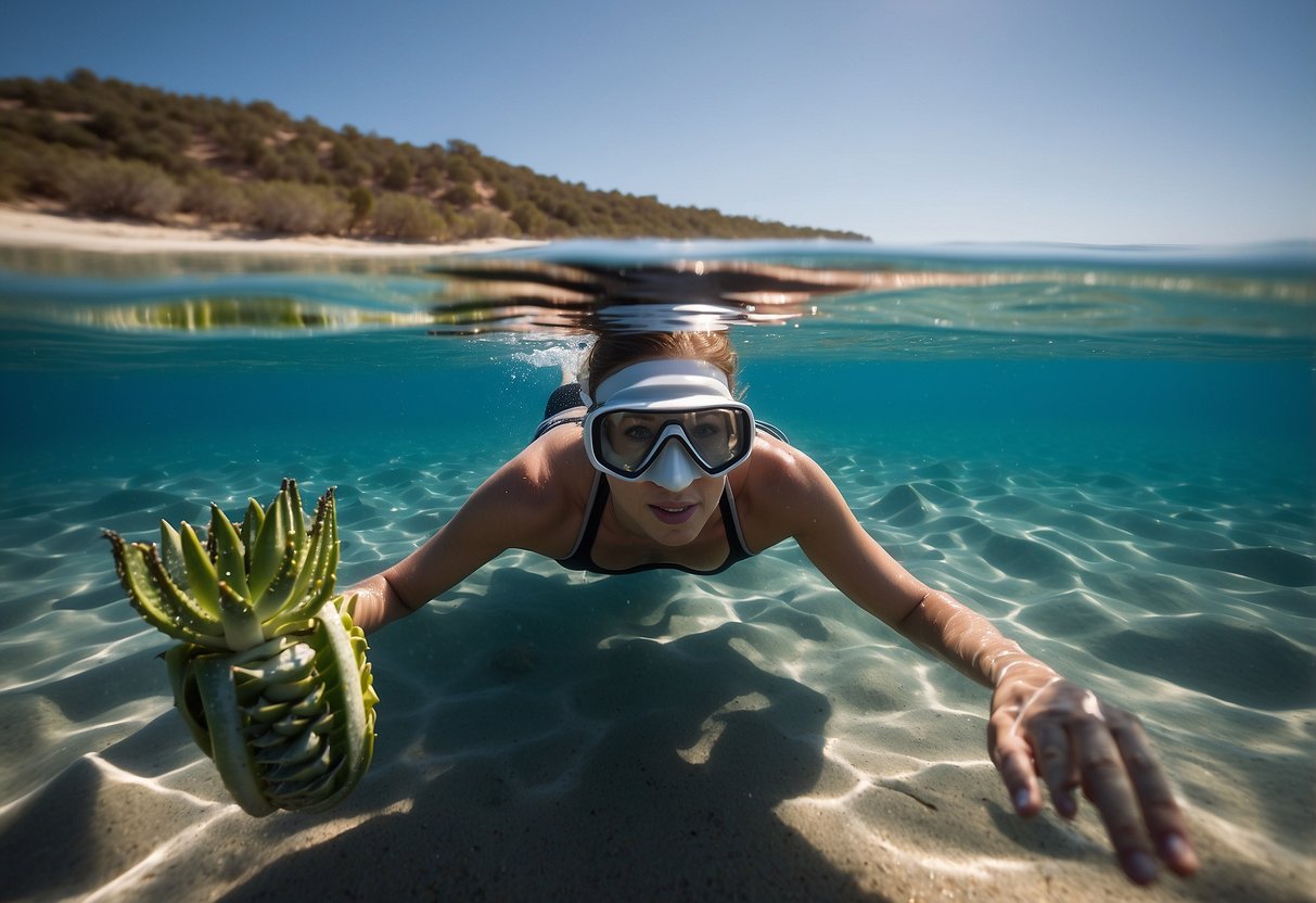 Crystal-clear water surrounds a snorkeler floating peacefully. Aloe vera and ice packs sit nearby, while a yoga mat and foam roller lay on the beach