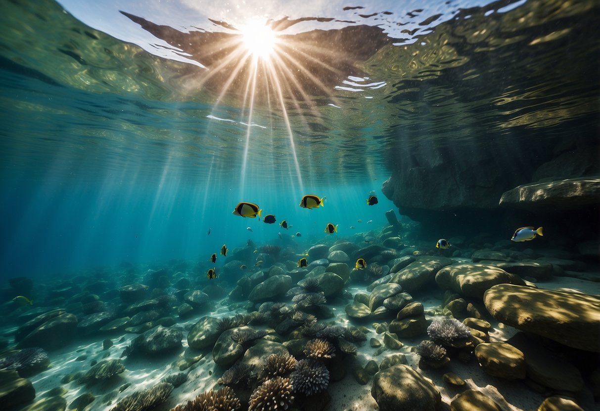 Vibrant underwater scene with rocky terrain, clear water, and five pairs of snorkeling shoes