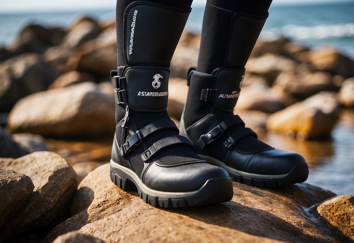 A pair of Seavenger Atlantis 3mm Neoprene Dive Boots on rocky terrain by the sea