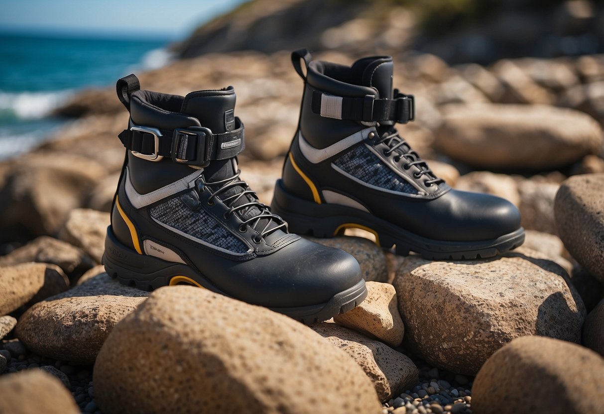 A pair of Mares Equator 2mm dive boots placed on rocky terrain near the ocean, surrounded by snorkeling gear and sea creatures