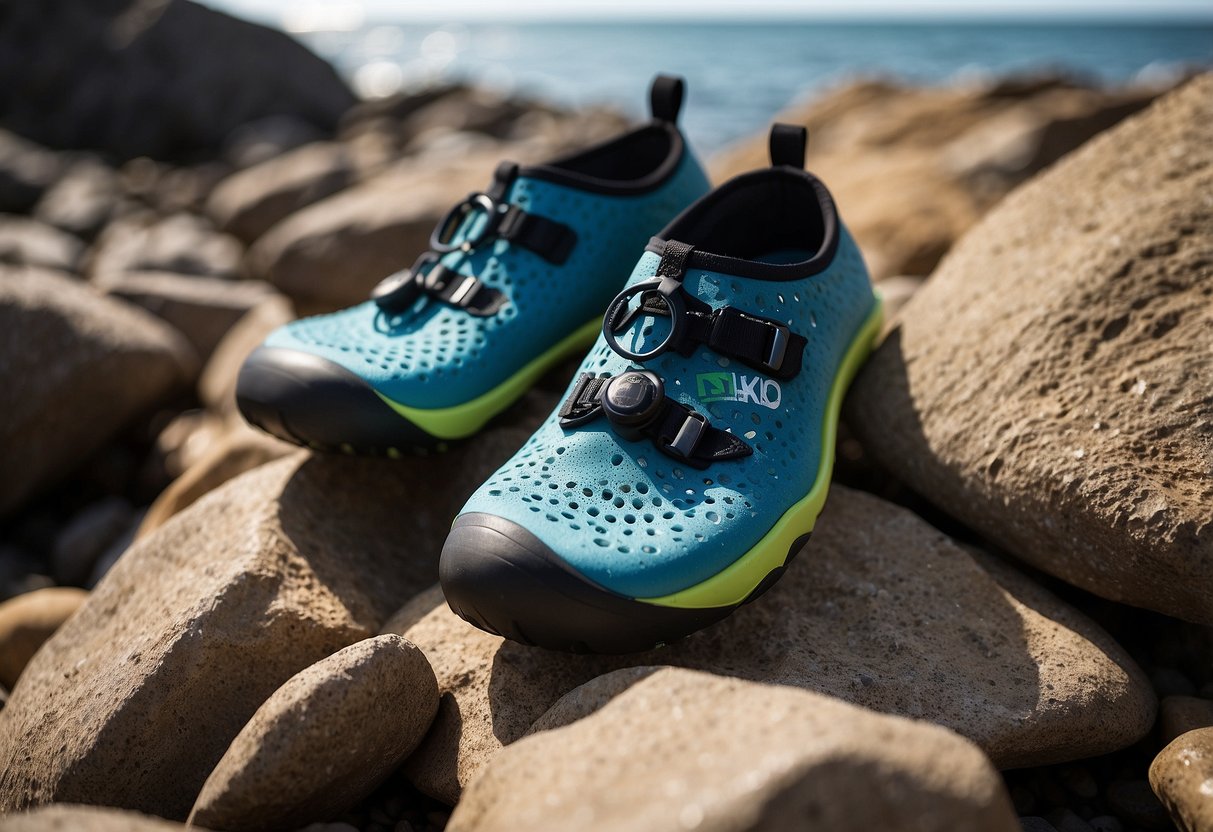 A pair of Mishansha water shoes with toes are positioned on rocky terrain, ready for snorkeling. The shoes are durable and protective, with a sturdy sole and breathable fabric