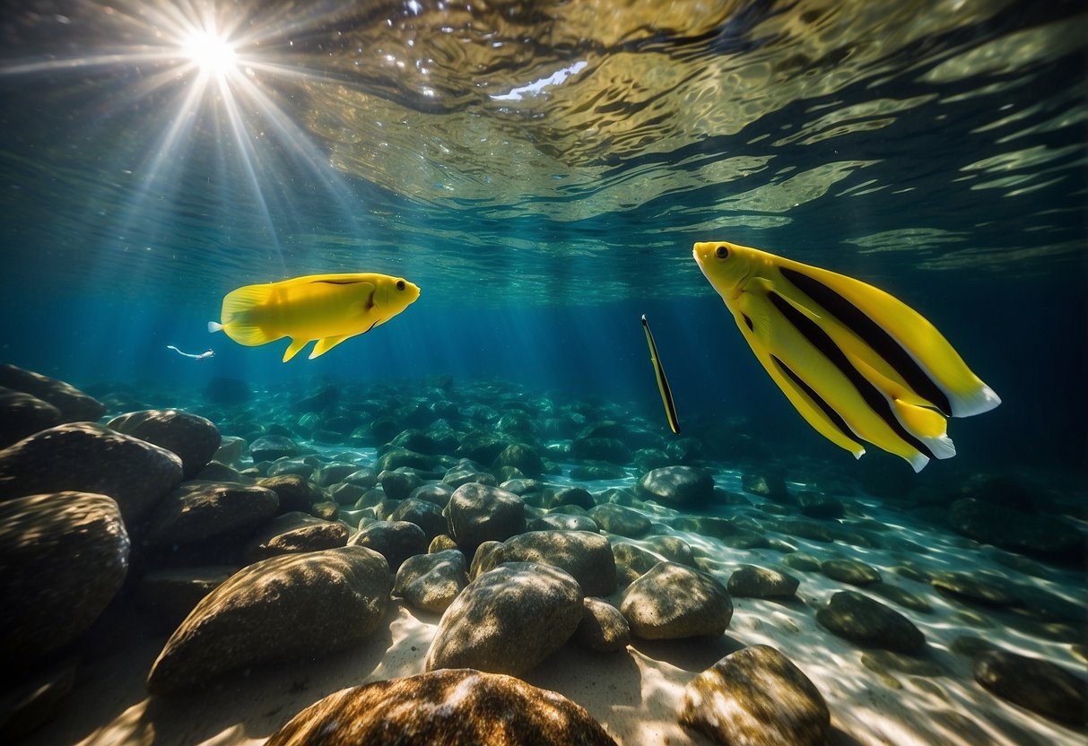 Crystal-clear water surrounds a pair of Oceanic Vortex V-6 Full Foot Fins, nestled among rocky terrain. Sunshine illuminates the vibrant colors of the snorkeling shoes, creating a picturesque underwater scene