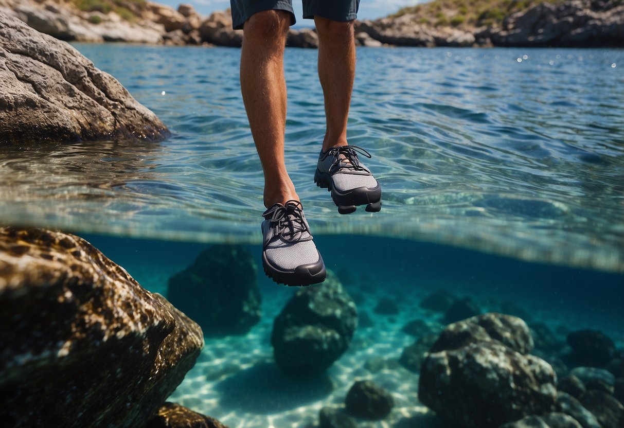 Clear water, jagged rocks, and sturdy footwear. A snorkeler navigates through the rocky terrain with ease, thanks to their reliable snorkeling shoes