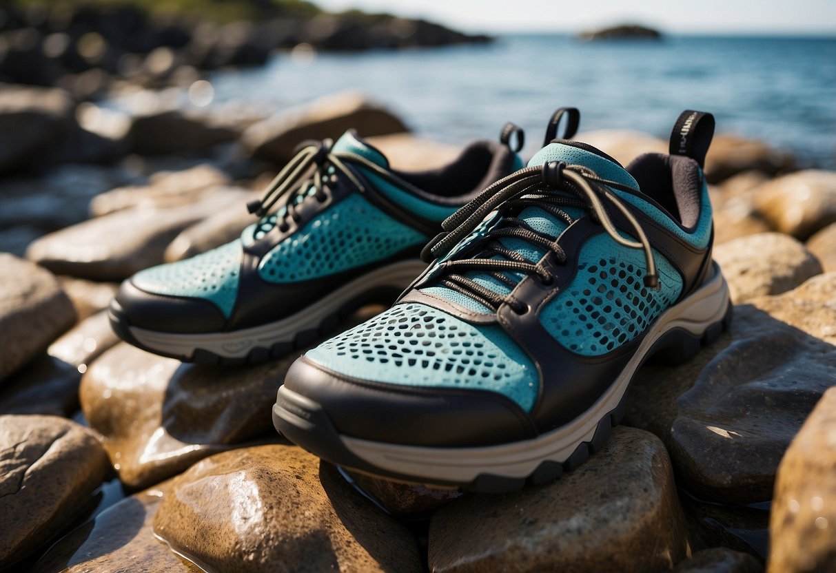 A pair of snorkeling shoes on a rocky terrain. The shoes are durable and sturdy, with a strong grip on the rough surface