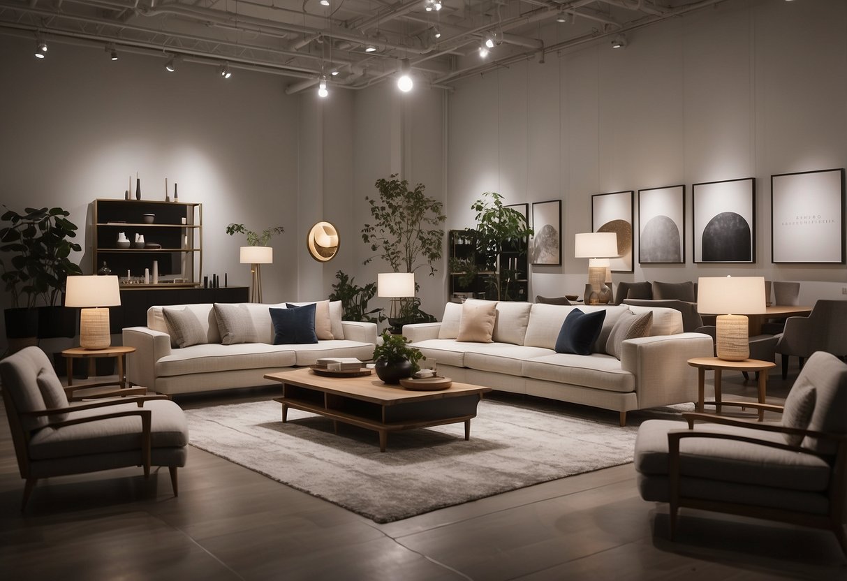 A spacious, well-lit showroom displays sleek sofas, minimalist dining sets, and contemporary lighting fixtures. Clean lines and neutral colors dominate the modern furniture store
