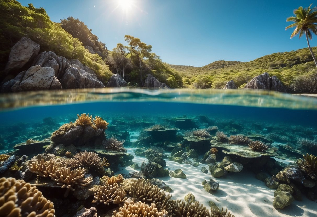 Crystal-clear waters surround a rocky island with vibrant coral and diverse marine life. Sunlight illuminates the underwater world, creating a picturesque snorkeling destination