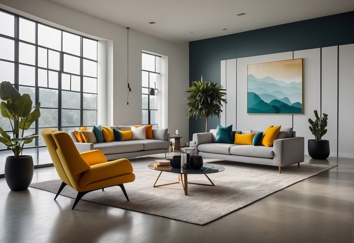 A sleek, minimalist showroom with clean lines and bold colors. Abstract sculptures and geometric patterns adorn the space, showcasing modern furniture styles