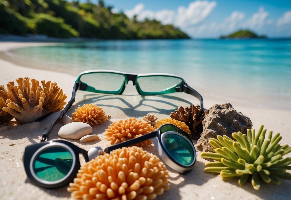 Crystal-clear waters, colorful coral reefs, and a variety of snorkeling gear scattered on a white sandy beach with lush greenery in the background