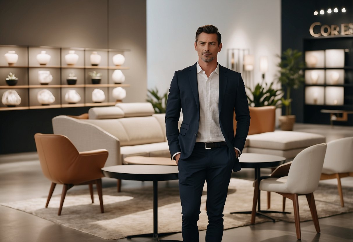 A customer browsing through sleek, minimalist furniture displays in a modern store. Clean lines, neutral colors, and high-quality materials stand out