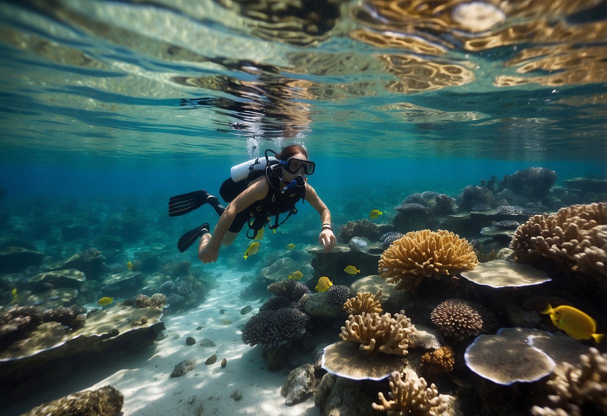 Crystal clear water, vibrant coral reefs, colorful fish, and a secluded beach with lush greenery. A snorkeler peacefully exploring the underwater world, surrounded by untouched natural beauty