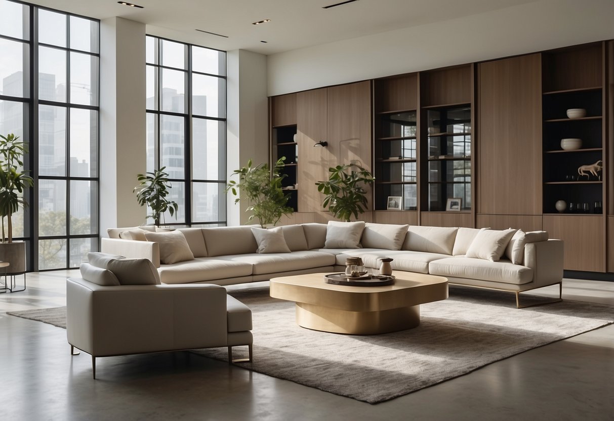 A sleek, minimalist showroom filled with contemporary furniture displays. Clean lines, neutral colors, and ample natural light create a welcoming and modern ambiance