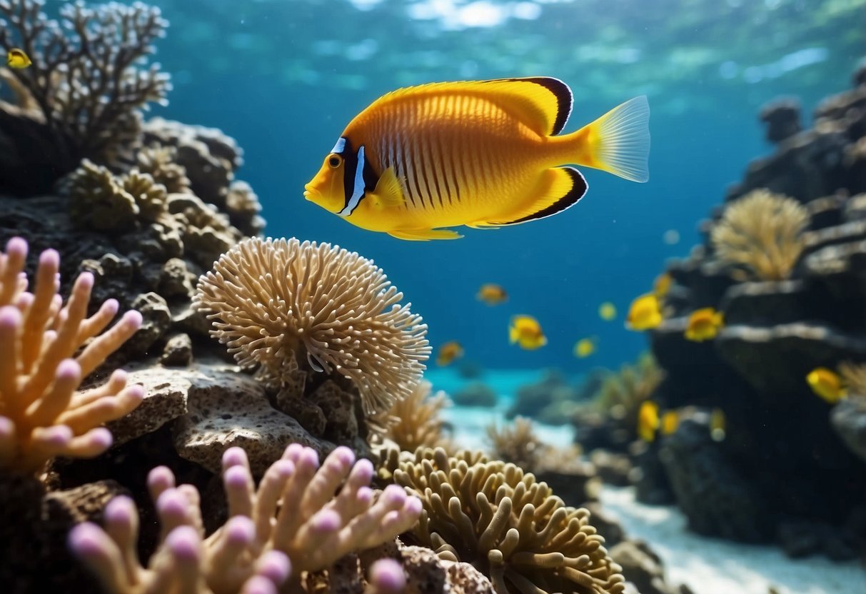 Crystal-clear water reveals vibrant coral reefs and colorful fish. Sunlight filters through the waves, illuminating the diverse marine life below