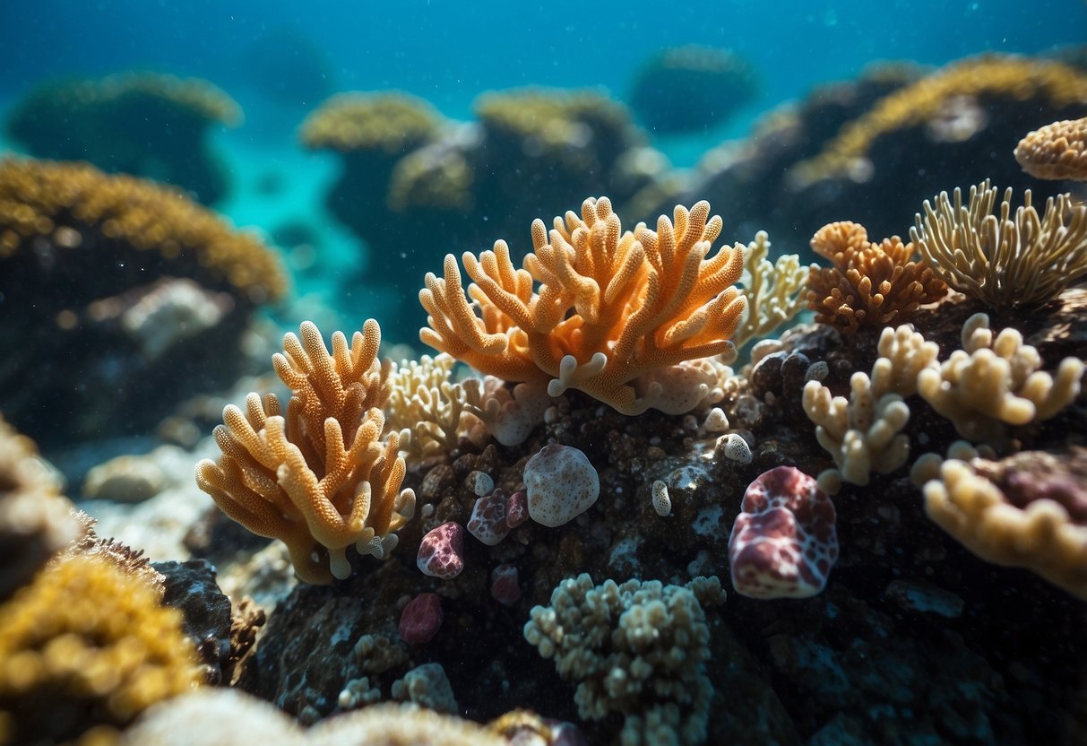 Crystal clear water reveals colorful coral and marine life. Snorkeling gear floats on the surface, ready for adventure in remote waters