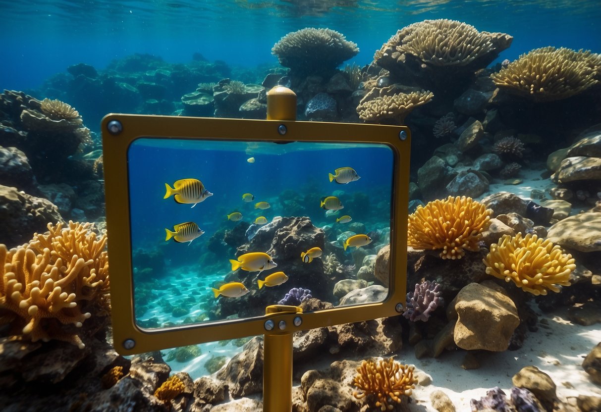 Crystal-clear water, colorful coral, and diverse marine life in a remote snorkeling area. Safety tips displayed on a signpost