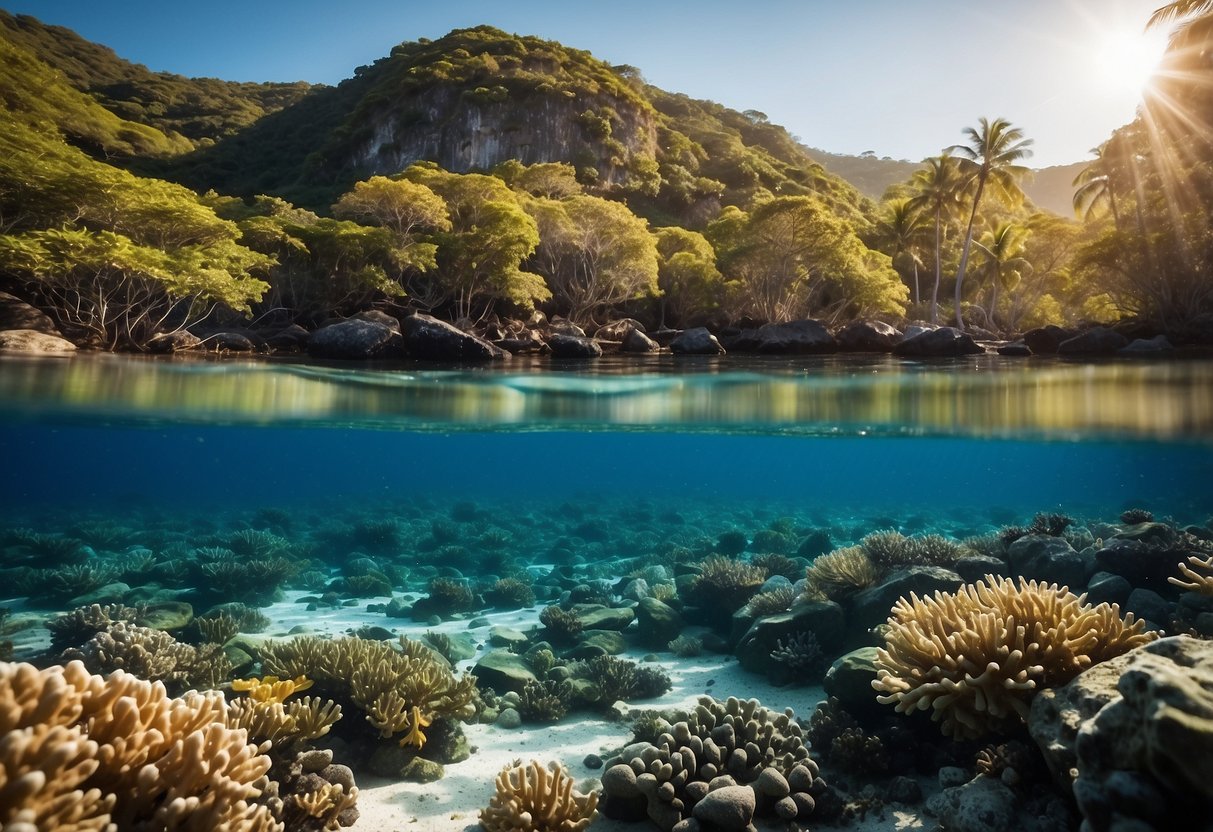 Crystal-clear water teeming with colorful coral and vibrant marine life, surrounded by untouched, lush greenery and a pristine, remote coastline