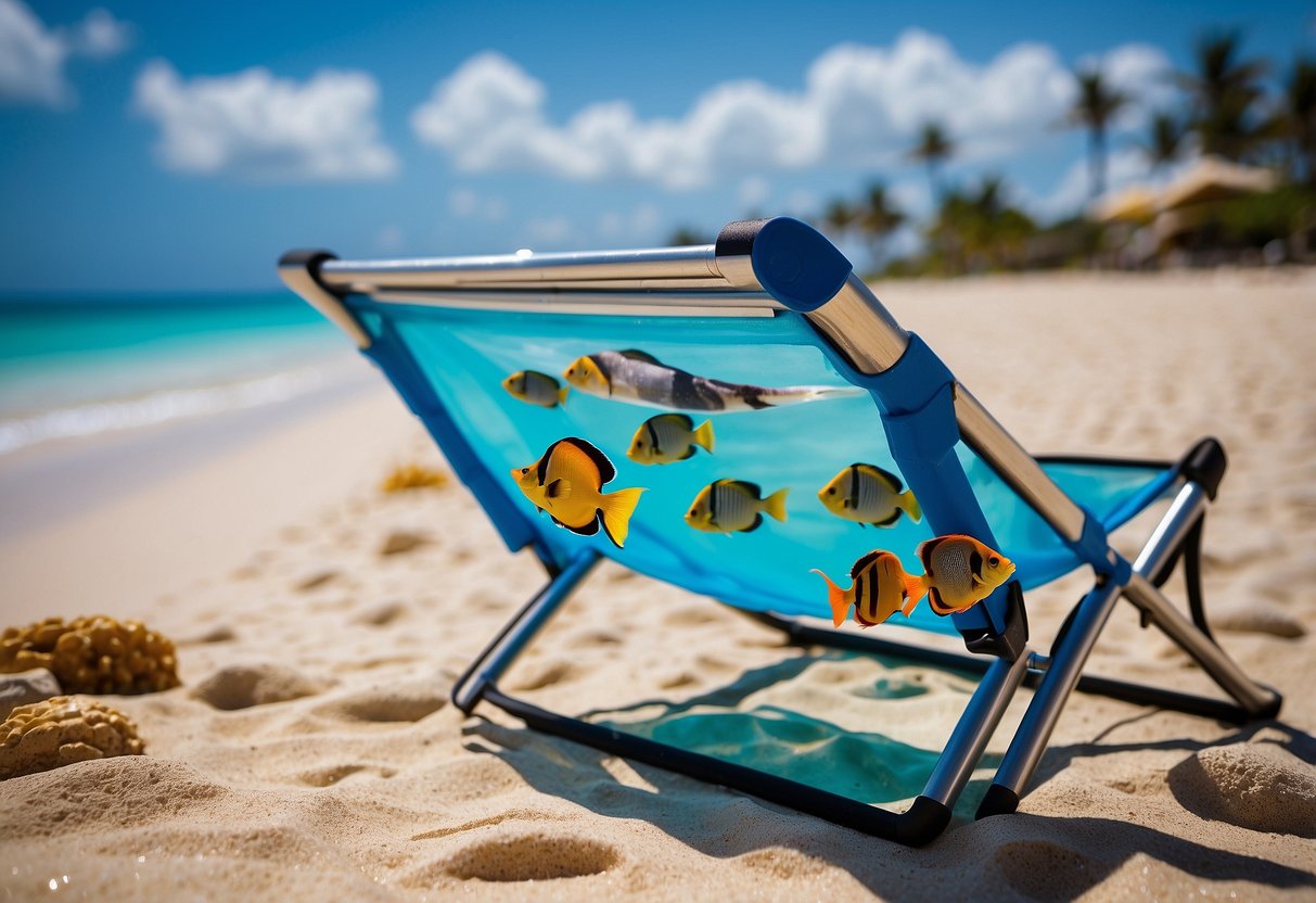 Crystal clear water with colorful fish, coral reefs, and a sandy ocean floor. Five sleek and lightweight snorkeling poles rest against a beach chair