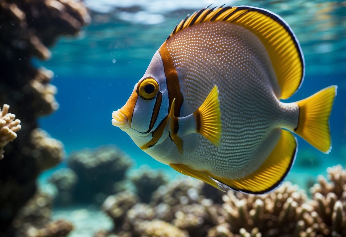 A clear, tropical ocean with vibrant coral and fish. A lightweight snorkeling pole floats above the water's surface, ready for use