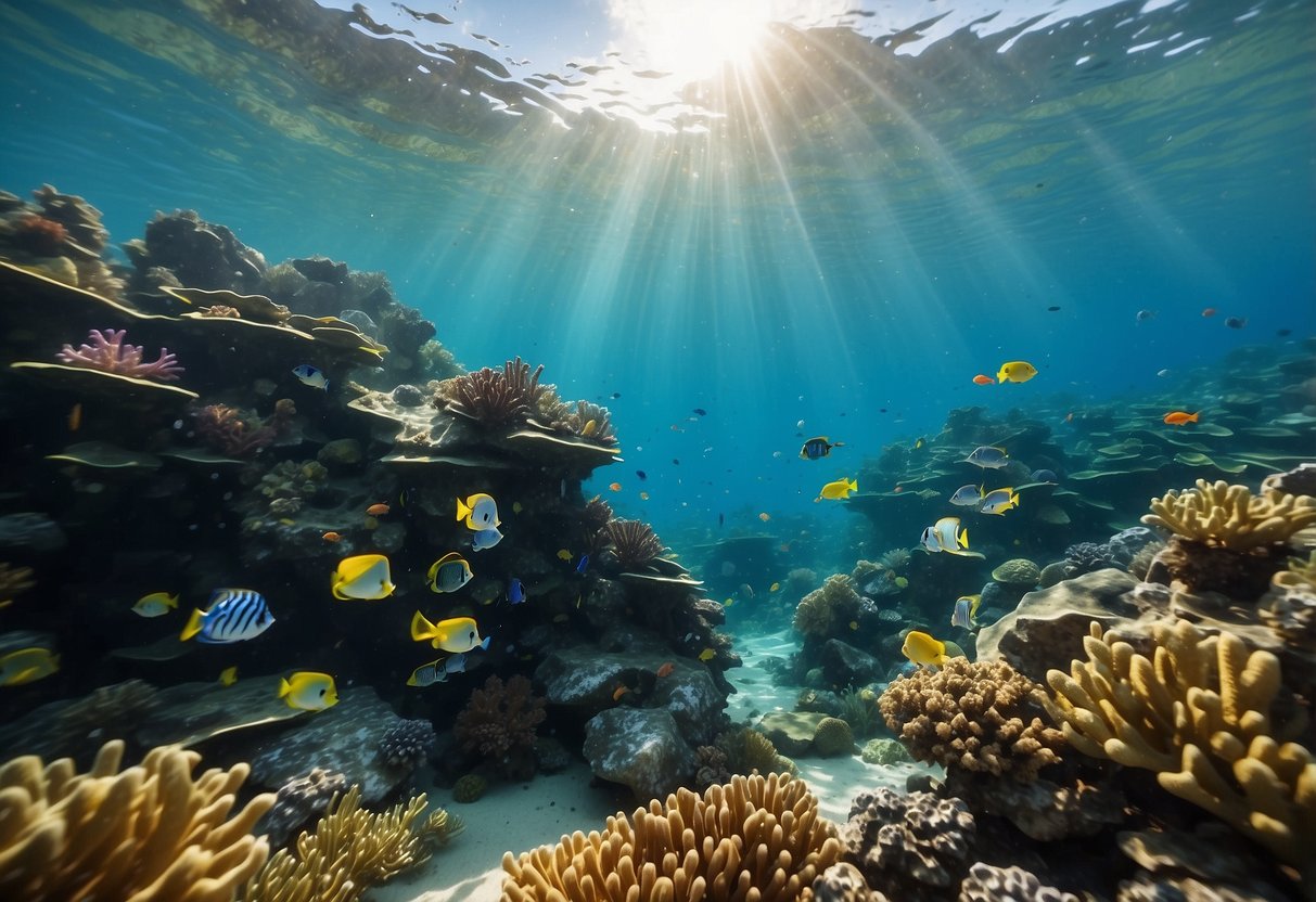 A clear blue ocean with a snorkeling pole extended from the surface, surrounded by colorful fish and coral. Sunlight filters through the water, creating a serene underwater scene