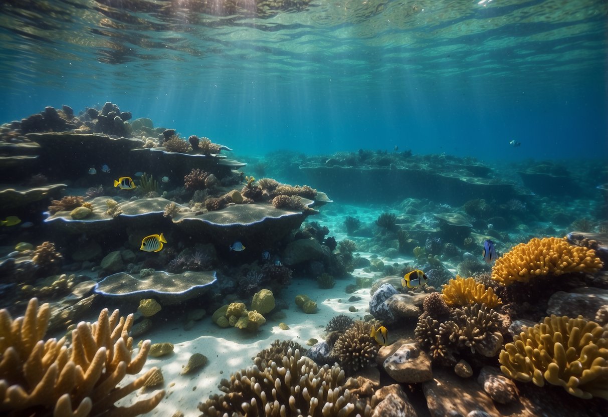 Crystal clear water, vibrant coral, and a U.S. Divers snorkeling pole floating above the ocean floor