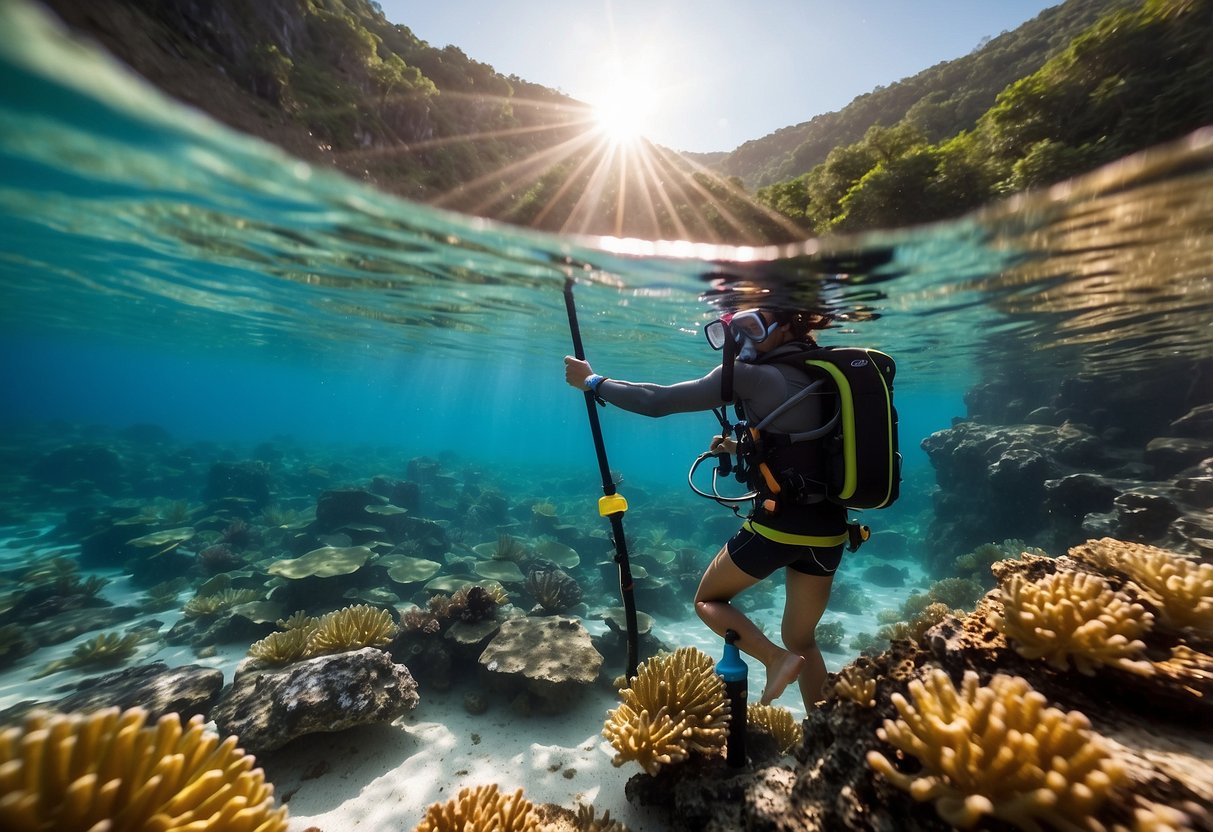 A tropical beach with crystal clear water and colorful coral reefs. A snorkeler holds the lightweight Scubapro Compact Pole, exploring the underwater world