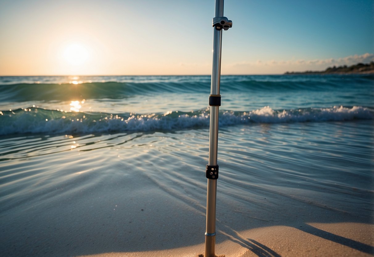 A serene beach scene with a clear blue ocean, a sandy shore, and a Mares Adjustable Snorkeling Pole standing upright in the sand