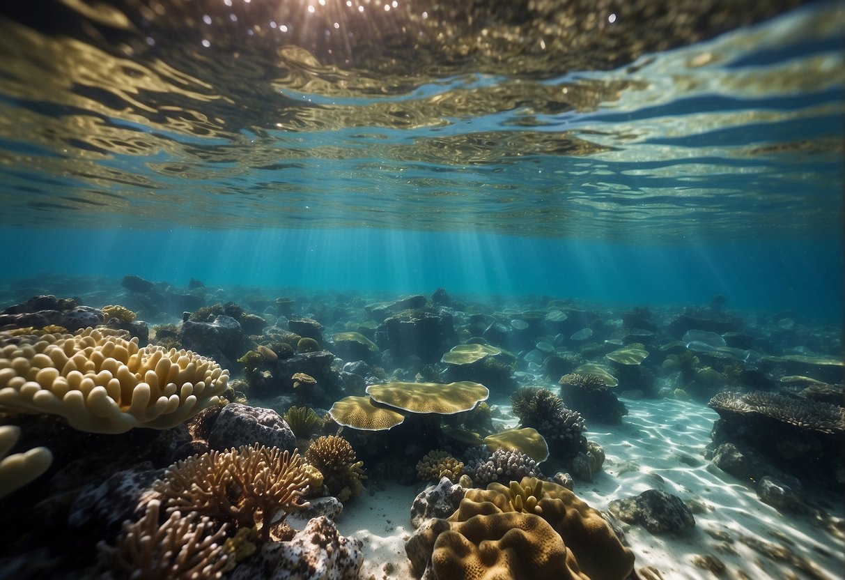 Crystal clear ocean water with colorful coral reefs below. Lightweight snorkeling poles floating on the surface, ready for use. Sunshine illuminating the scene