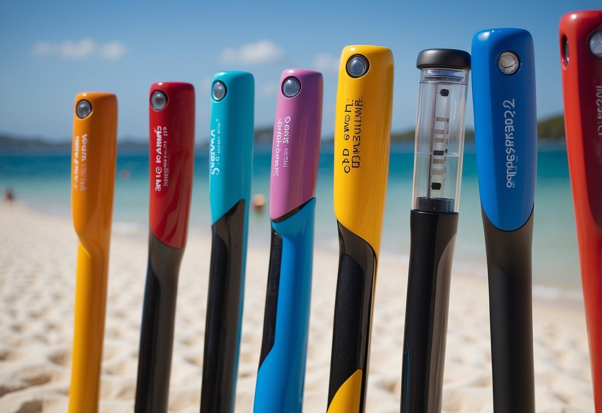 A colorful array of lightweight snorkeling poles displayed on a sandy beach with crystal clear water in the background. Each pole is labeled with its unique features and benefits