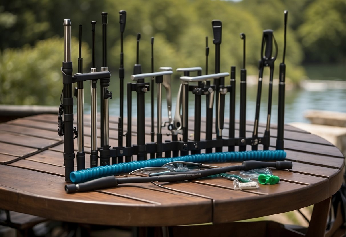 A table with 5 different lightweight snorkeling poles, each labeled with maintenance tips. Nearby, a small toolkit and cleaning supplies