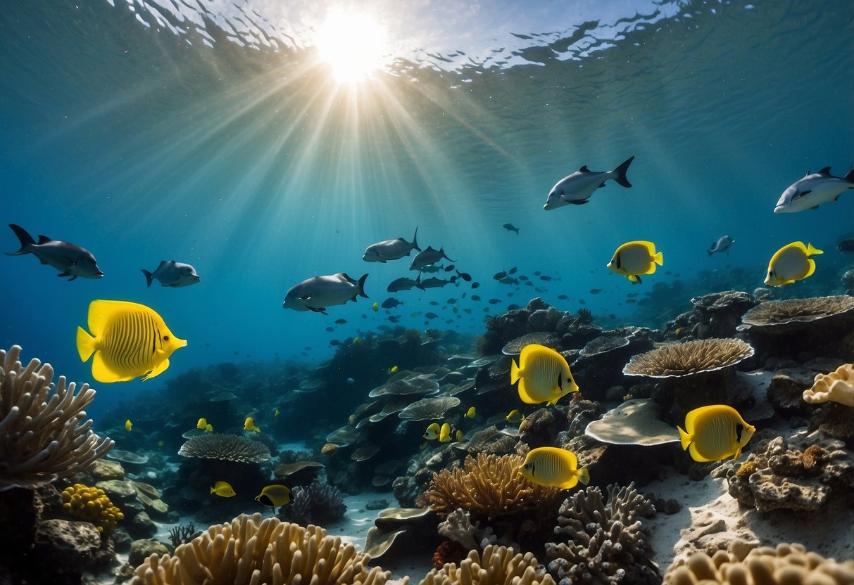 Colorful fish swimming among vibrant coral, sunlight filtering through crystal-clear water, a sea turtle gliding gracefully, a school of playful dolphins, a majestic manta ray soaring through the ocean depths