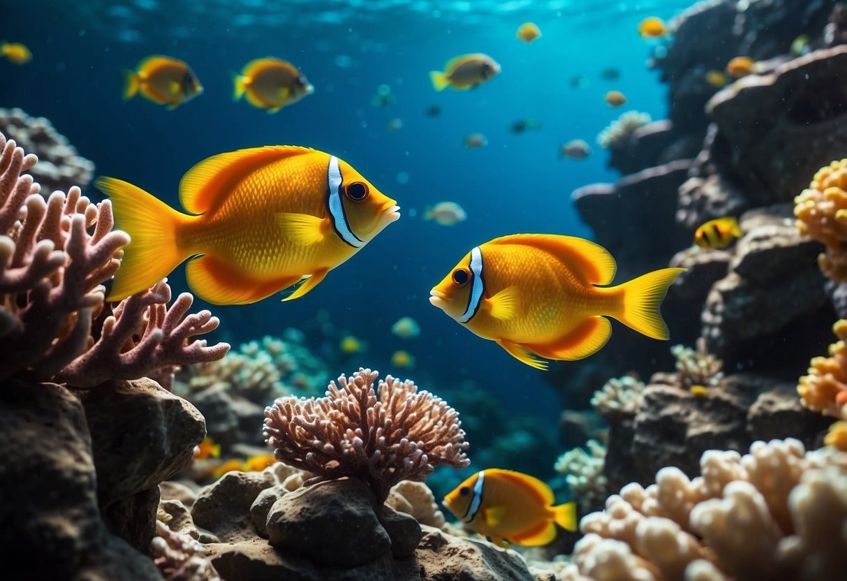 Colorful fish swim among vibrant coral, darting in and out of crevices. Sunlight filters through the water, casting a mesmerizing glow on the underwater landscape