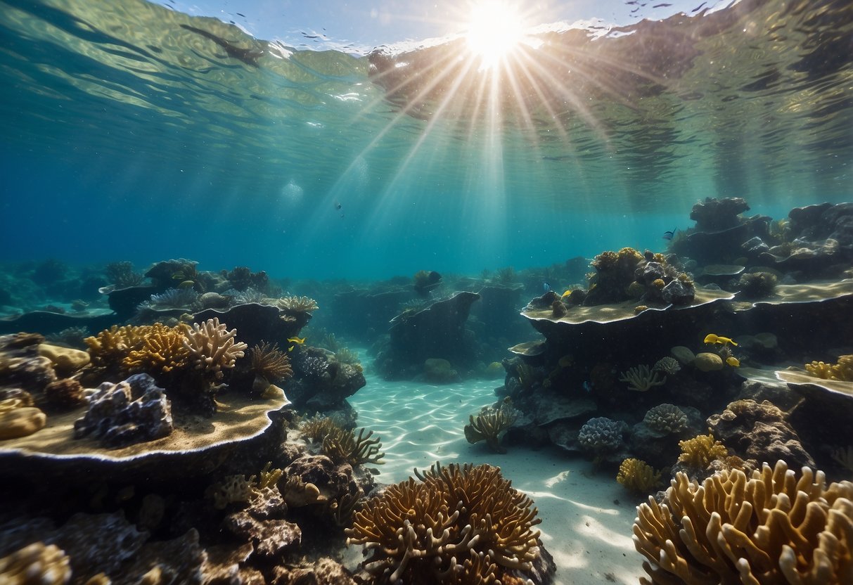 Crystal clear waters reveal sunken ships, covered in colorful coral and teeming with marine life. The sunlight filters through the water, creating a mesmerizing underwater world for snorkelers to explore