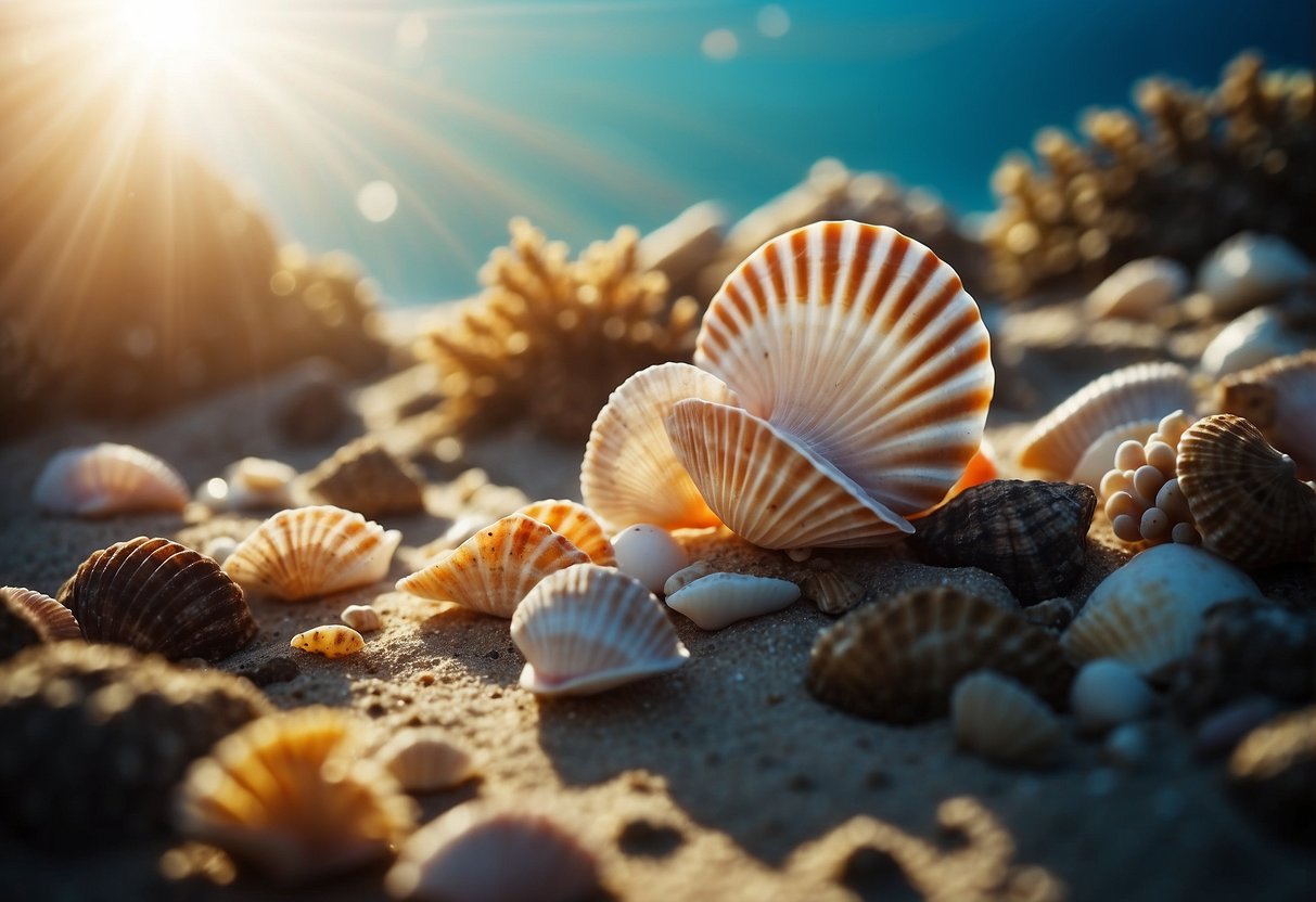 Seashells scattered on ocean floor, surrounded by colorful coral and marine life. Sunlight filters through water, casting a mesmerizing glow